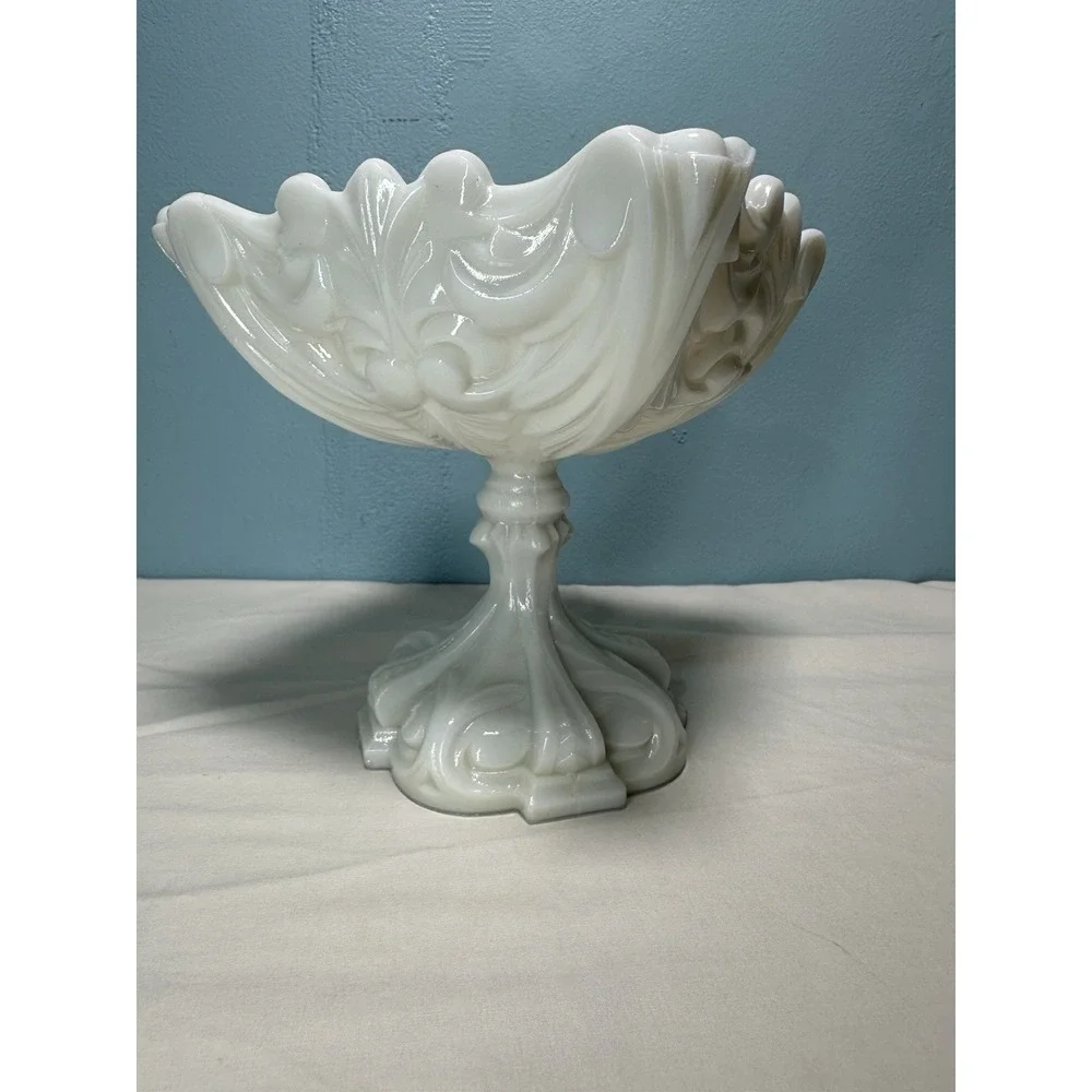 Vintage Portieux Vallerysthal French White Milk Glass Scrolled Compote Dish